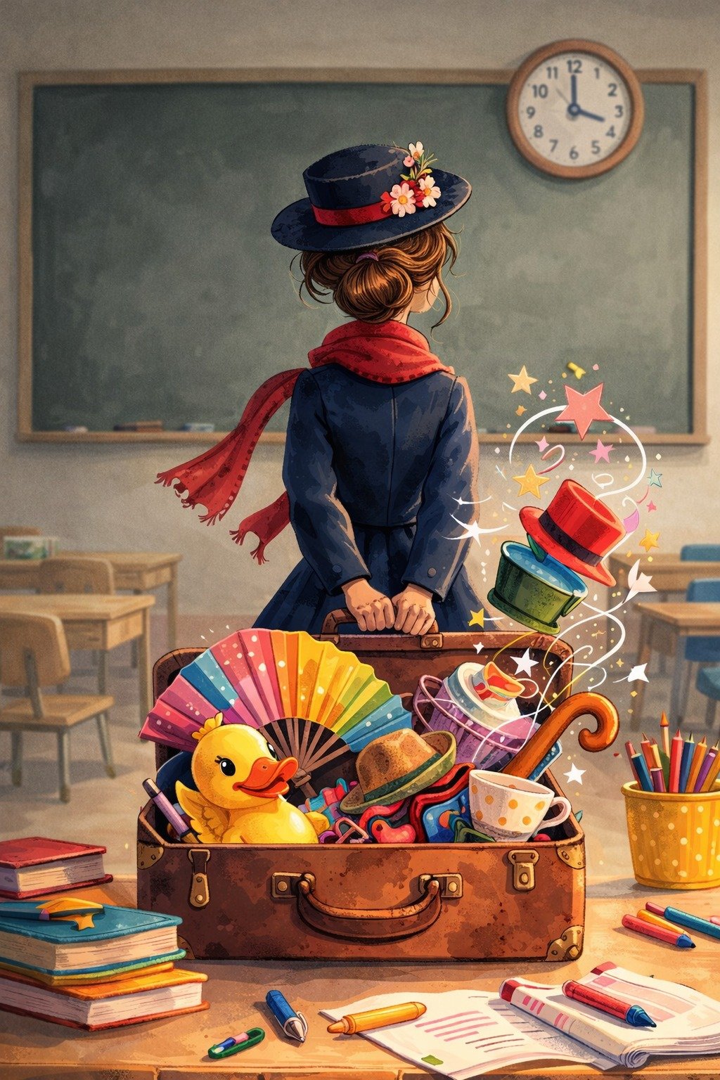 Ilustración de maestra frente a pizzaron